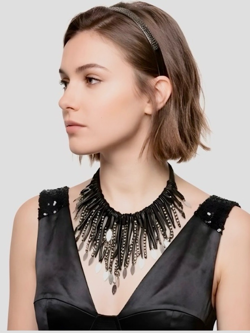 Monies Denmark Leather Wood Crystal Silver Tone Statement Collar Necklace - Picture 7 of 12